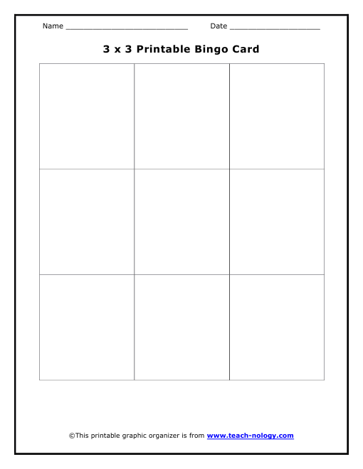 3 by 3 Bingo Card