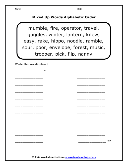 Mixed Up Words Alphabetic Order