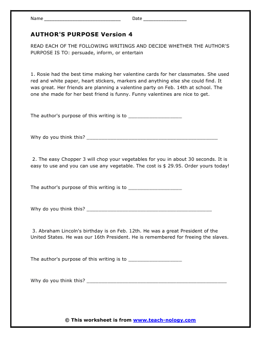 Worksheets Authors Purpose Worksheets determine the authors intent version 4 click to print