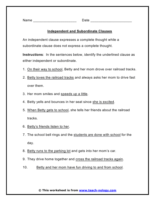 Independent And Dependent Clauses Worksheet