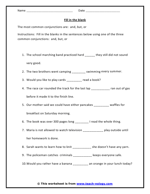 Printables Conjunction Worksheets fill in the blank with a conjunction click to print