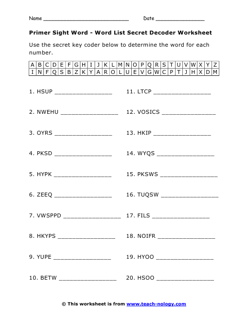 Sight Decoder Primer Worksheet Secret would  worksheet  List sight word Word Word