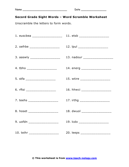 Word  Scramble Sight worksheets Grade Worksheet Second word sight Words up