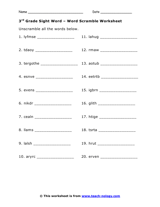 3rd Grade Sight Words Word Scramble Worksheet