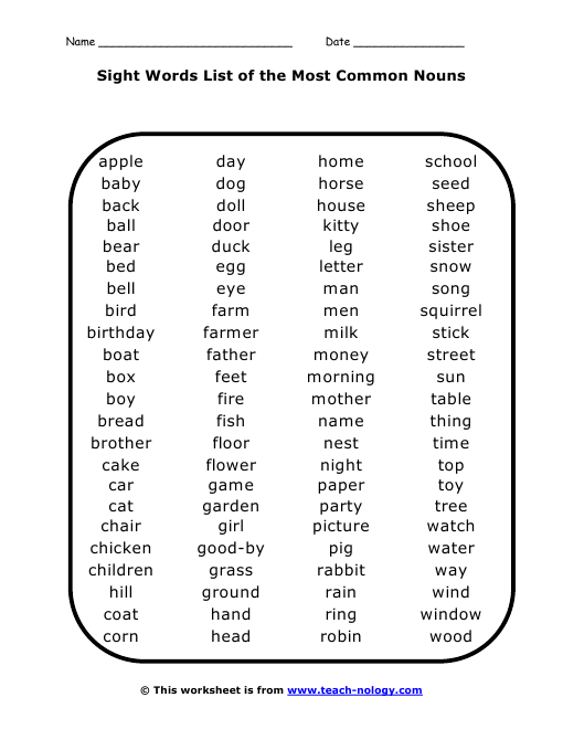 Sight dolch of Nouns sight the Most worksheets word Common 2nd  grade List Words