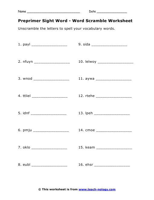 Printables Preschool Sight Word Worksheets preprimer sight word scramble worksheet click to print