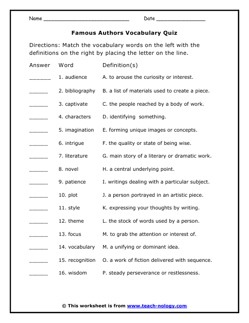 Famous Authors Vocabulary Quiz Click To Print