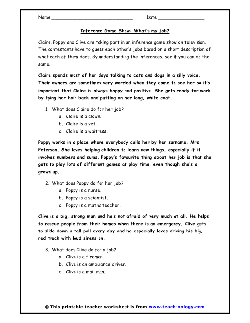 Inference Game Show: Whats my job? Inference Game Show: Whats my job?