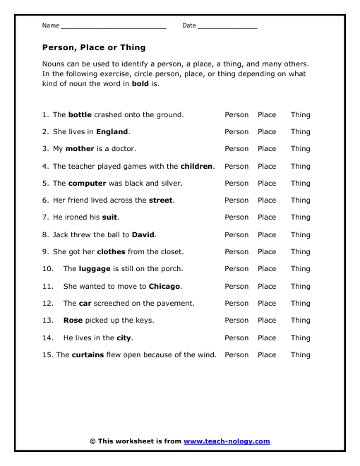 Person, Place or Thing Worksheet