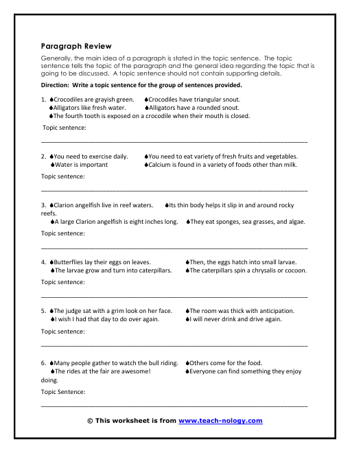 Writing A Topic Sentence Worksheet