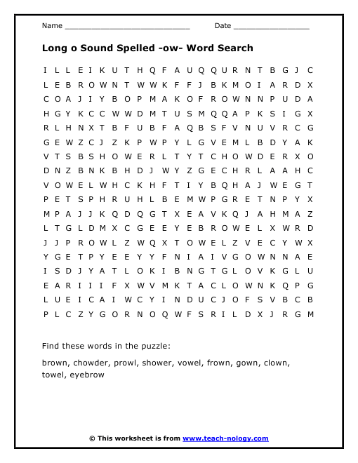 Long o Sound Spelled -ow- Word Search
