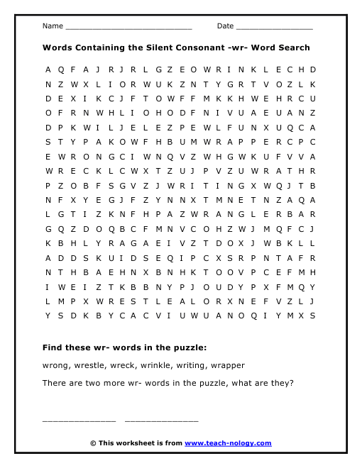Words Containing the Silent Consonant -wr- Word Search