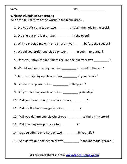 Plural Nouns Sentences Worksheets