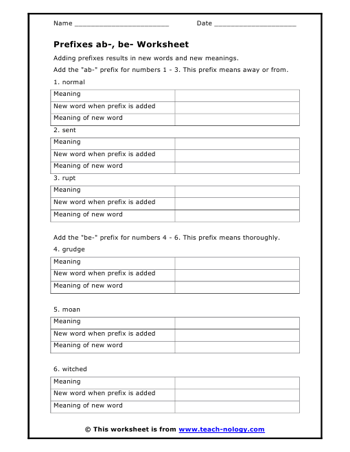 Prefixes Ab Be Worksheet