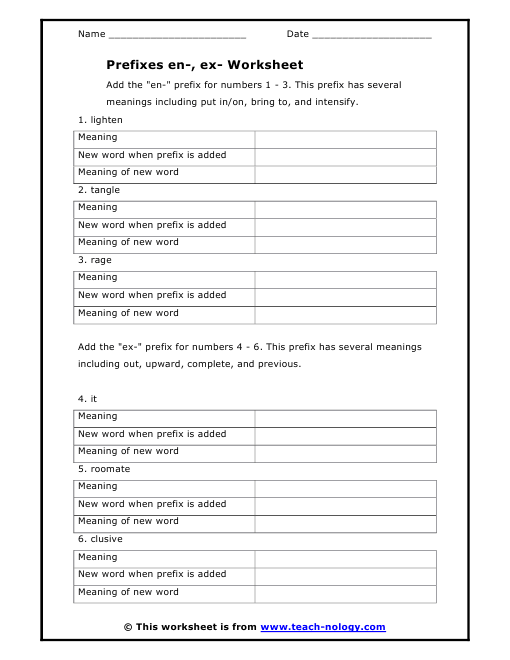 Prefixes en-, ex- Worksheet