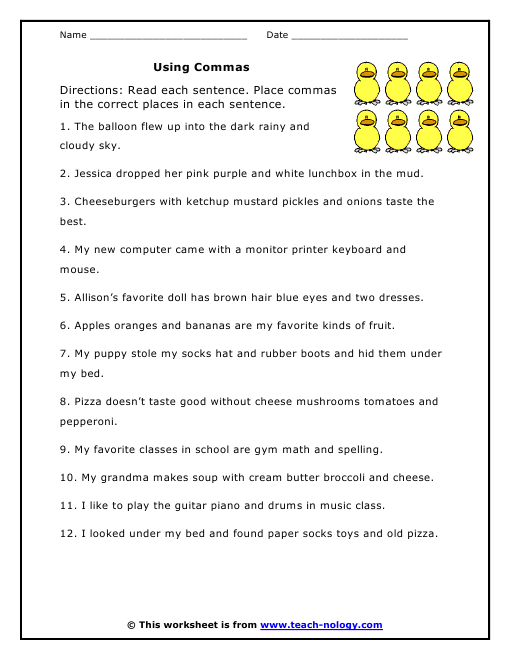Commas In Dates Worksheets