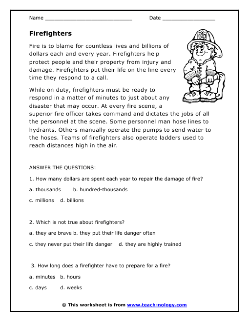 Firefighters Reading Worksheet