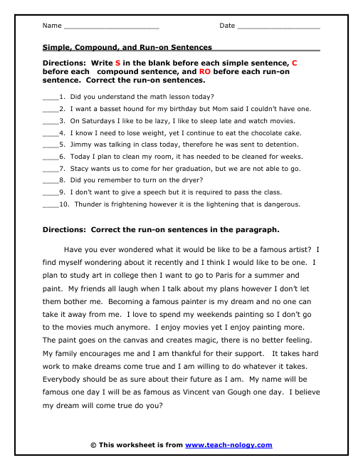 Run On Sentence Worksheet Murrieta