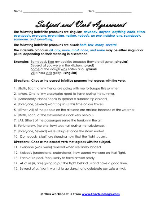 Printables Subject Verb Agreement Worksheets subject verb agreement version 4 click to print
