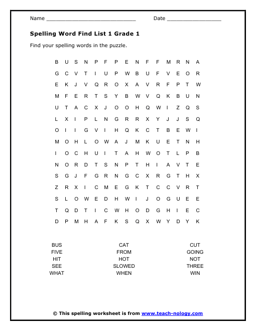 Worksheets 1 2 Spelling grade 1 list spelling word find click to print