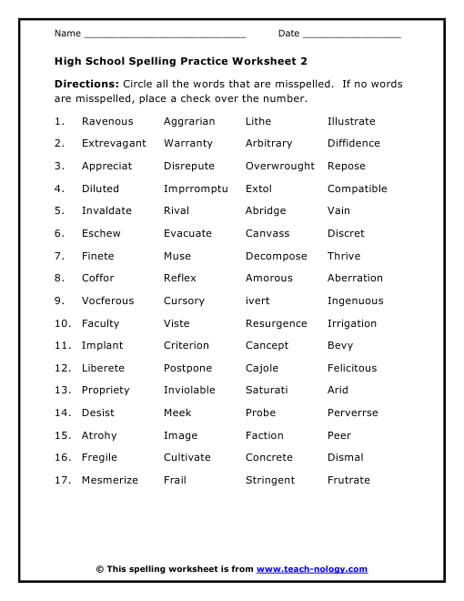 High School Spelling Practice Worksheet 2