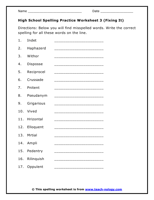High School Spelling Practice Worksheet 3