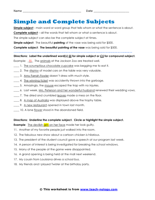 Identify Complete Subject And Complete Predicate Worksheet