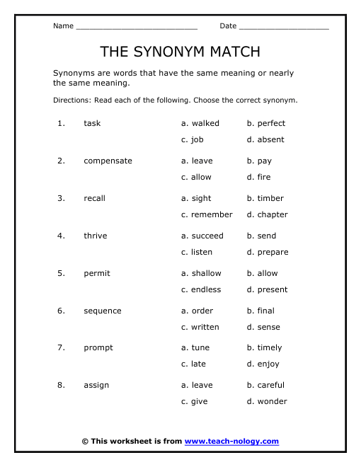 Game printable matching synonym Synonym Match