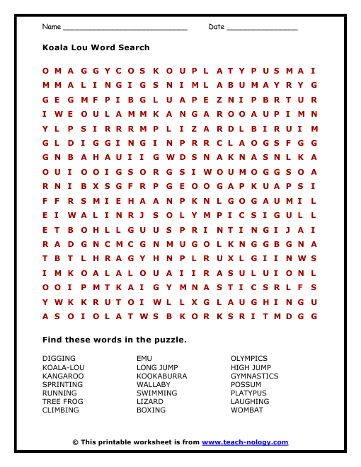 Koala Lou Word Search