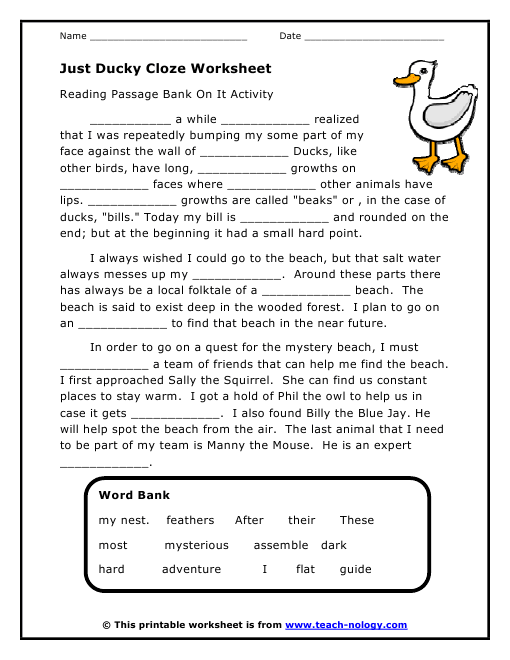 Just Ducky Cloze Worksheet