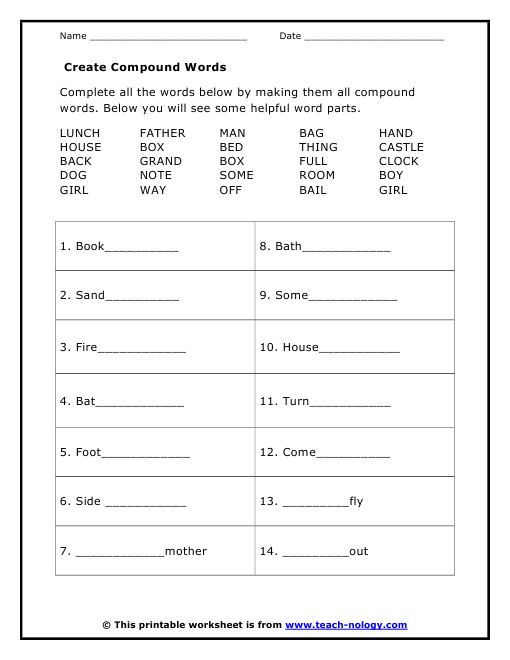 Printables Compound Words Worksheets create compound words click to print
