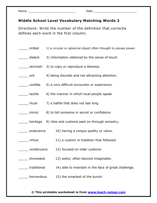 Middle School Level Vocabulary Matching Words 2