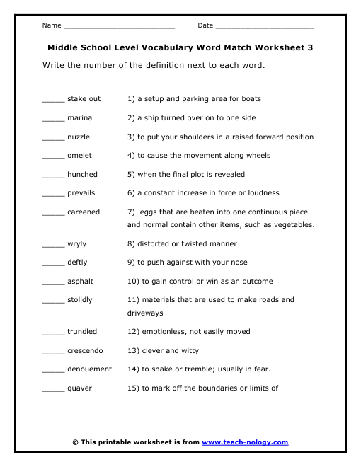 Middle School Level Vocabulary Word Match Worksheet 3