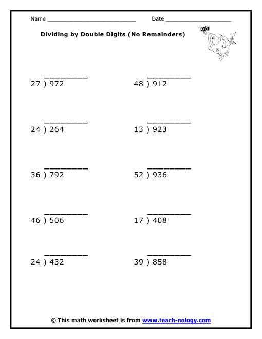 Dividing By Two Digit Whole Numbers Worksheet