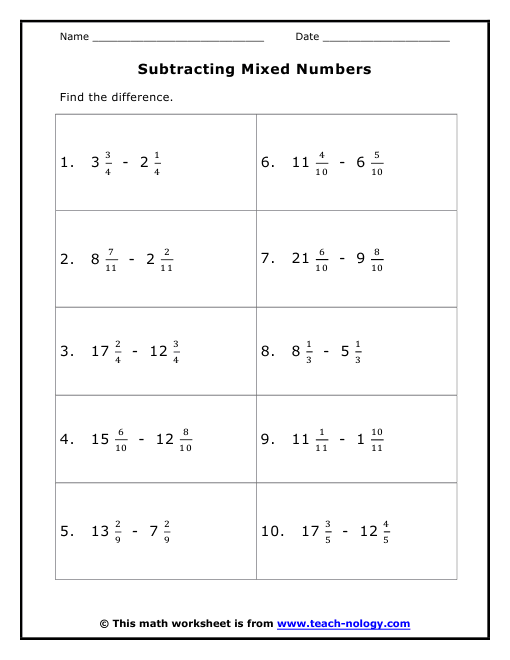 Math Worksheets Mixed Numbers