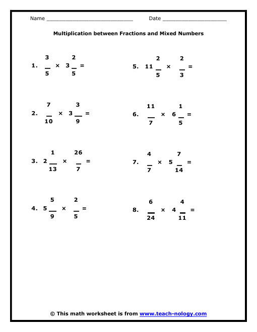 Multiplication between Fractions and Mixed Numbers