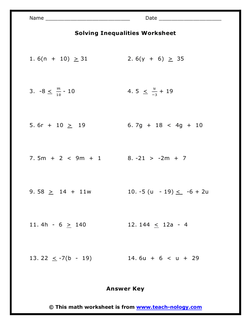 Solving Inequalities Worksheet