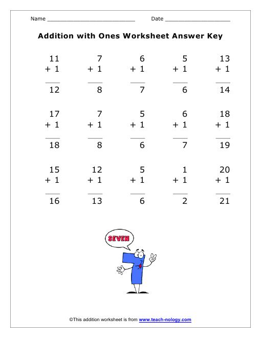 Addition with Ones Answer Key