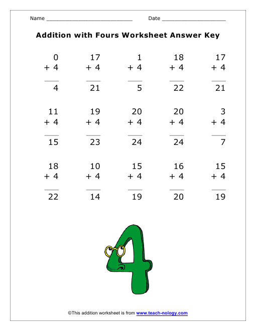 Addition with Fours Answer Key