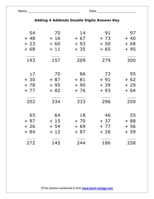Adding 4 Double Digit Addends Answer Key