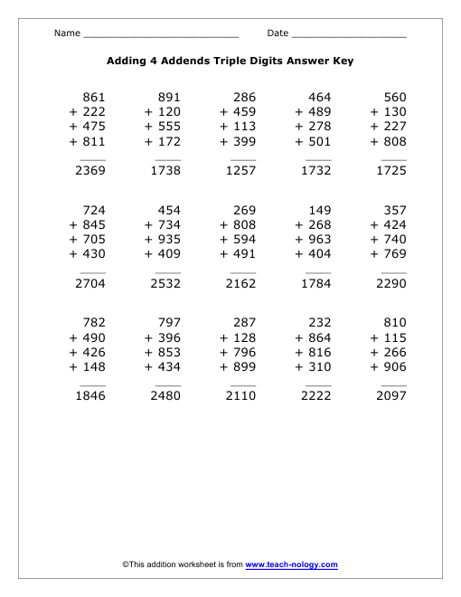 Adding 4 Triple Digit Addends Answer Key