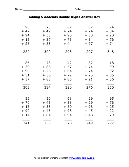 Adding 5 Double Digit Addends Answer Key