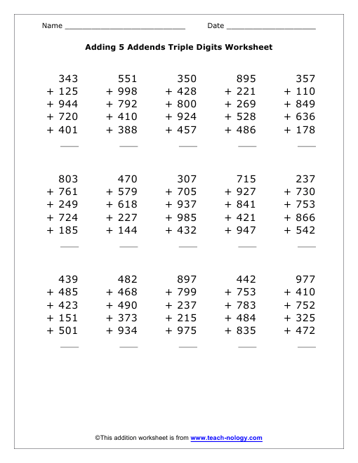 Adding 5 Triple Digit Addends