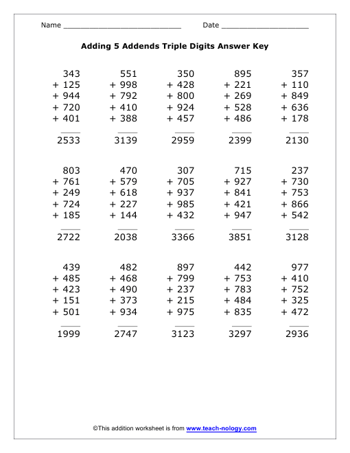 Adding 5 Triple Digit Addends Answer Key