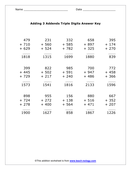 Adding 3 Triple  Digit Addends Answer Key