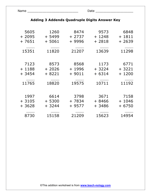 Adding 3 Quadruple Digit Addends Answer Key