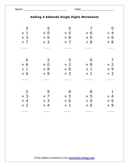 Adding 4 Single Digit Addends