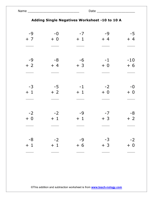Worksheets Adding 10 To A Number Worksheet adding single digit negatives numbers 10 to numbers