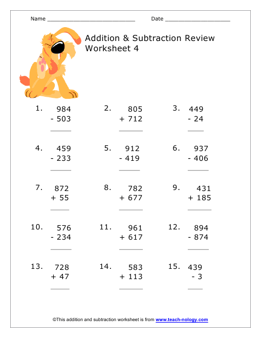 Addition and Subtraction Review Sheet Version 4