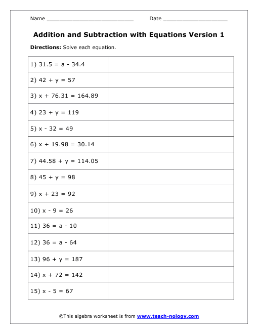 Cool math: one step equations addition and subtraction 